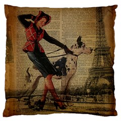 Paris Girl And Great Dane Vintage Newspaper Print Sexy Hot Gil Elvgren Pin Up Girl Paris Eiffel Towe Large Cushion Case (single Sided)  by chicelegantboutique