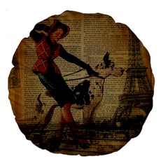 Paris Girl And Great Dane Vintage Newspaper Print Sexy Hot Gil Elvgren Pin Up Girl Paris Eiffel Towe 18  Premium Round Cushion  by chicelegantboutique