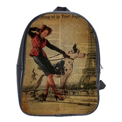 Paris Girl And Great Dane Vintage Newspaper Print Sexy Hot Gil Elvgren Pin Up Girl Paris Eiffel Towe School Bag (xl) by chicelegantboutique