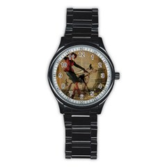 Paris Girl And Great Dane Vintage Newspaper Print Sexy Hot Gil Elvgren Pin Up Girl Paris Eiffel Towe Sport Metal Watch (black) by chicelegantboutique