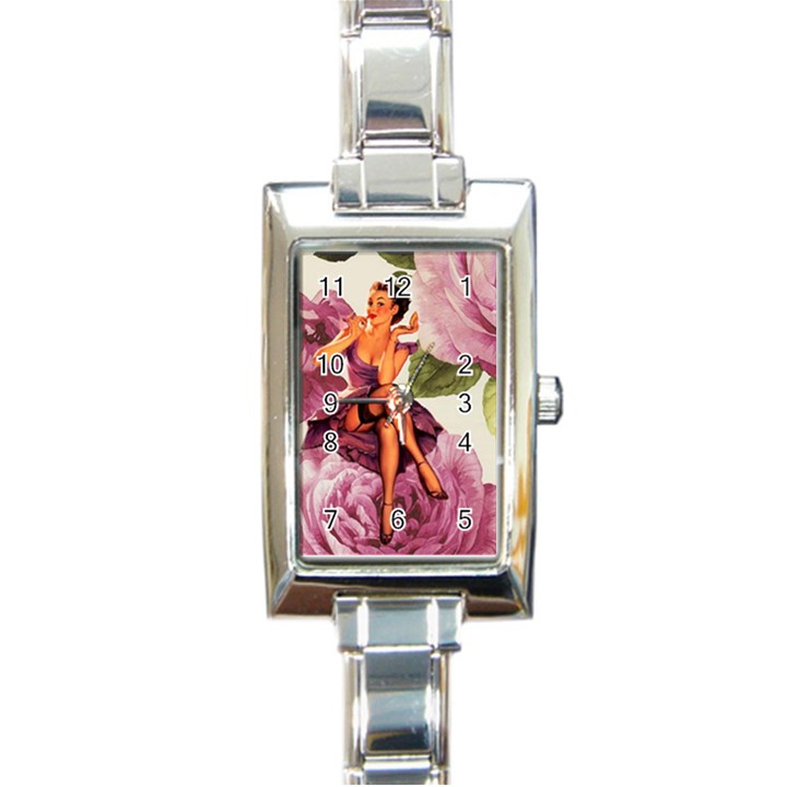 Cute Purple Dress Pin Up Girl Pink Rose Floral Art Rectangular Italian Charm Watch