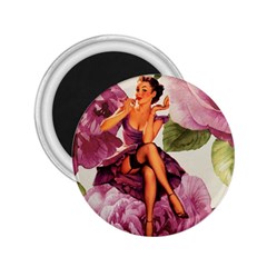 Cute Purple Dress Pin Up Girl Pink Rose Floral Art 2 25  Button Magnet by chicelegantboutique