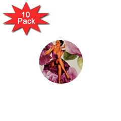 Cute Purple Dress Pin Up Girl Pink Rose Floral Art 1  Mini Button (10 Pack) by chicelegantboutique