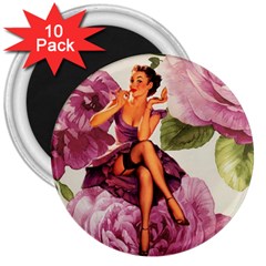 Cute Purple Dress Pin Up Girl Pink Rose Floral Art 3  Button Magnet (10 Pack)