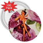 Cute Purple Dress Pin Up Girl Pink Rose Floral Art 3  Button (100 pack) Front