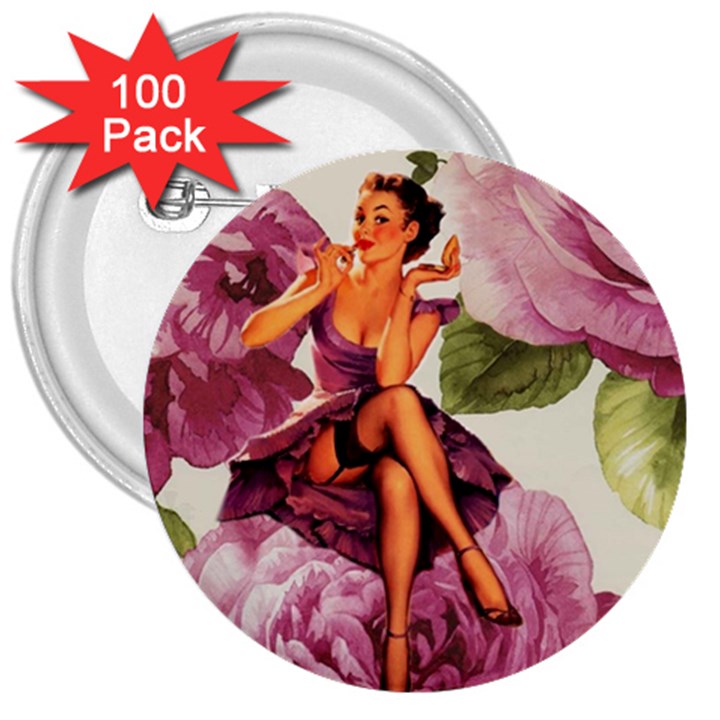 Cute Purple Dress Pin Up Girl Pink Rose Floral Art 3  Button (100 pack)