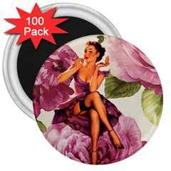 Cute Purple Dress Pin Up Girl Pink Rose Floral Art 3  Button Magnet (100 Pack) by chicelegantboutique