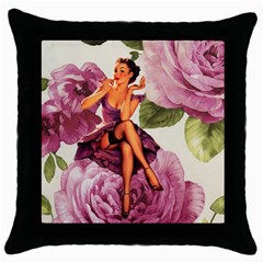 Cute Purple Dress Pin Up Girl Pink Rose Floral Art Black Throw Pillow Case by chicelegantboutique