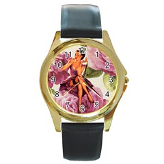 Cute Purple Dress Pin Up Girl Pink Rose Floral Art Round Metal Watch (gold Rim) 