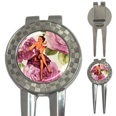 Cute Purple Dress Pin Up Girl Pink Rose Floral Art Golf Pitchfork & Ball Marker by chicelegantboutique