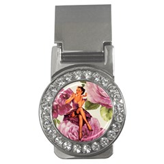 Cute Purple Dress Pin Up Girl Pink Rose Floral Art Money Clip (cz)