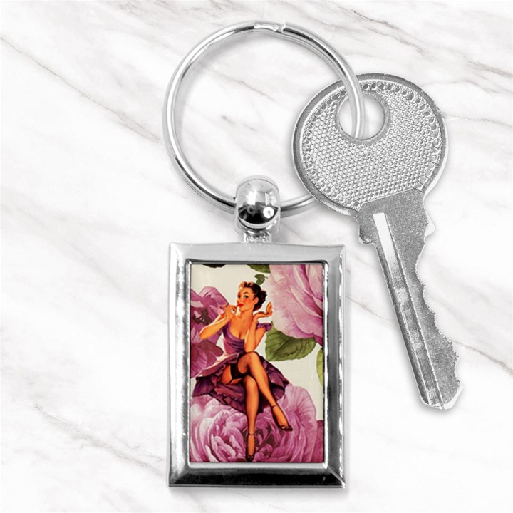 Cute Purple Dress Pin Up Girl Pink Rose Floral Art Key Chain (Rectangle)