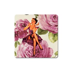 Cute Purple Dress Pin Up Girl Pink Rose Floral Art Magnet (square) by chicelegantboutique