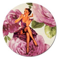 Cute Purple Dress Pin Up Girl Pink Rose Floral Art Magnet 5  (round) by chicelegantboutique