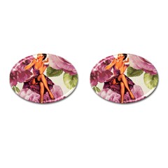 Cute Purple Dress Pin Up Girl Pink Rose Floral Art Cufflinks (oval)