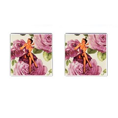 Cute Purple Dress Pin Up Girl Pink Rose Floral Art Cufflinks (square)