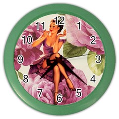 Cute Purple Dress Pin Up Girl Pink Rose Floral Art Wall Clock (color) by chicelegantboutique