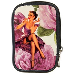 Cute Purple Dress Pin Up Girl Pink Rose Floral Art Compact Camera Leather Case