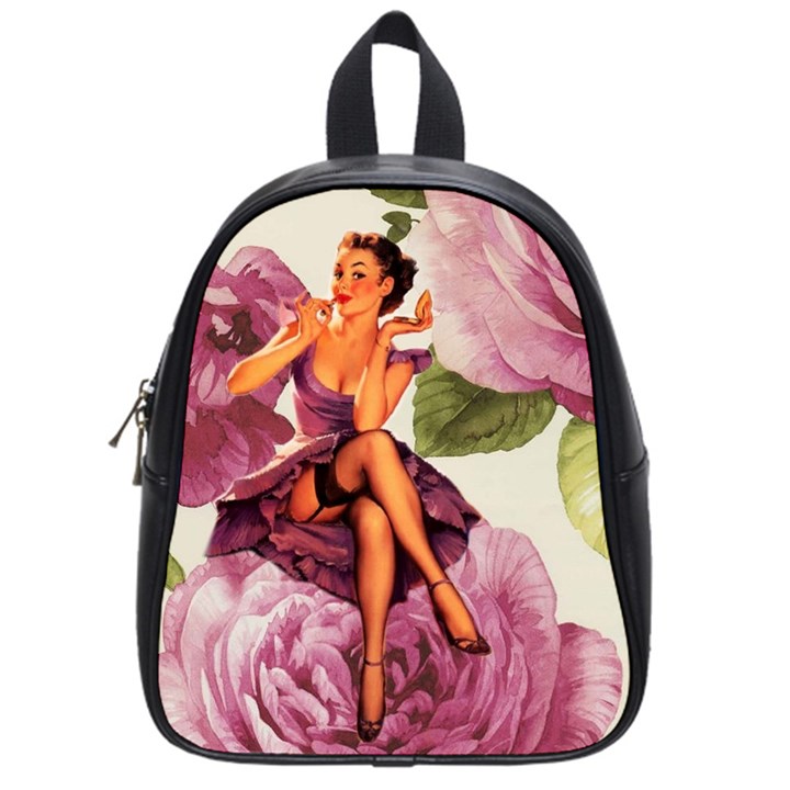 Cute Purple Dress Pin Up Girl Pink Rose Floral Art School Bag (Small)