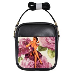 Cute Purple Dress Pin Up Girl Pink Rose Floral Art Girl s Sling Bag