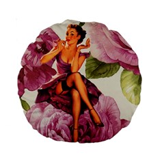 Cute Purple Dress Pin Up Girl Pink Rose Floral Art 15  Premium Round Cushion 