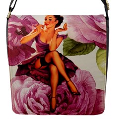 Cute Purple Dress Pin Up Girl Pink Rose Floral Art Flap Closure Messenger Bag (small) by chicelegantboutique