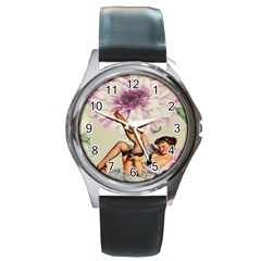 Gil Elvgren Pin Up Girl Purple Flower Fashion Art Round Metal Watch (silver Rim) by chicelegantboutique