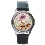 Gil Elvgren Pin Up Girl Purple Flower Fashion Art Round Metal Watch (Silver Rim) Front