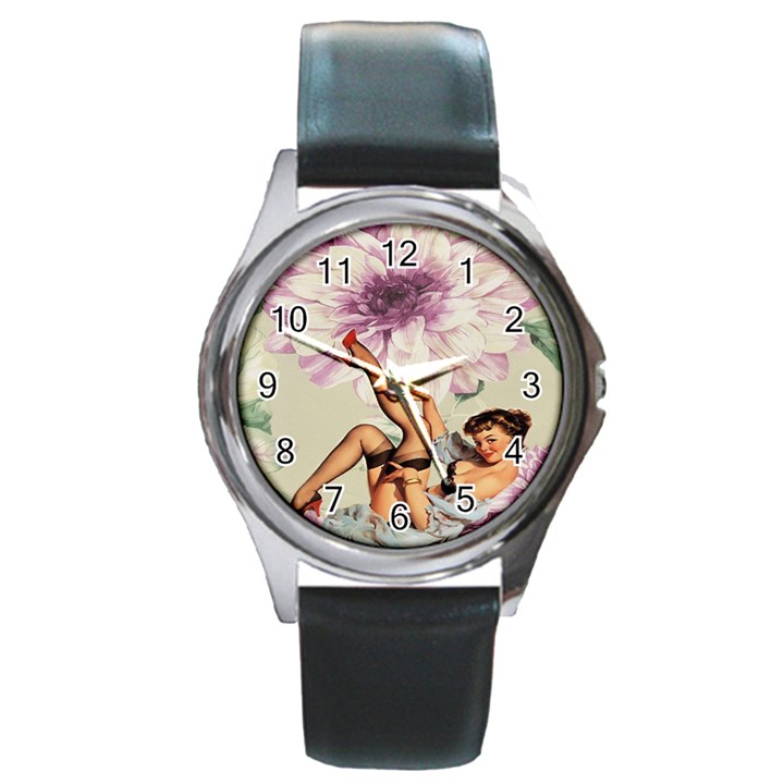 Gil Elvgren Pin Up Girl Purple Flower Fashion Art Round Metal Watch (Silver Rim)