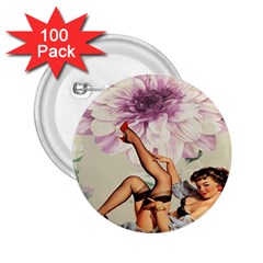 Gil Elvgren Pin Up Girl Purple Flower Fashion Art 2 25  Button (100 Pack) by chicelegantboutique