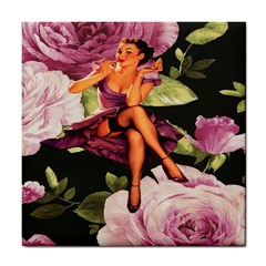 Cute Gil Elvgren Purple Dress Pin Up Girl Pink Rose Floral Art Ceramic Tile