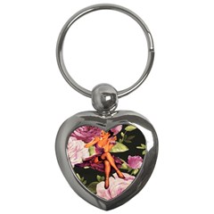 Cute Gil Elvgren Purple Dress Pin Up Girl Pink Rose Floral Art Key Chain (heart) by chicelegantboutique