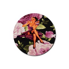 Cute Gil Elvgren Purple Dress Pin Up Girl Pink Rose Floral Art Drink Coasters 4 Pack (round) by chicelegantboutique