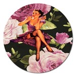 Cute Gil Elvgren Purple Dress Pin Up Girl Pink Rose Floral Art Magnet 5  (Round) Front