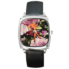 Cute Gil Elvgren Purple Dress Pin Up Girl Pink Rose Floral Art Square Leather Watch by chicelegantboutique