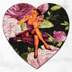 Cute Gil Elvgren Purple Dress Pin Up Girl Pink Rose Floral Art Jigsaw Puzzle (heart) by chicelegantboutique