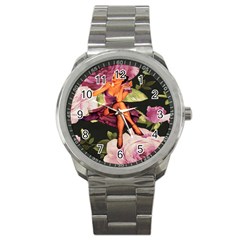 Cute Gil Elvgren Purple Dress Pin Up Girl Pink Rose Floral Art Sport Metal Watch