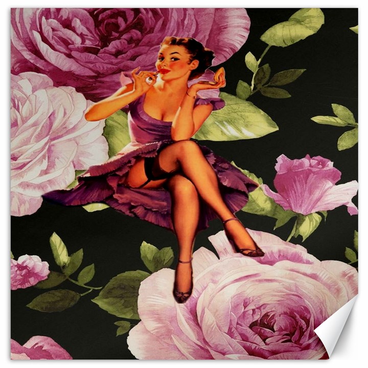 Cute Gil Elvgren Purple Dress Pin Up Girl Pink Rose Floral Art Canvas 16  x 16  (Unframed)