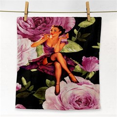 Cute Gil Elvgren Purple Dress Pin Up Girl Pink Rose Floral Art Face Towel by chicelegantboutique