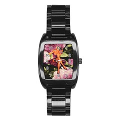 Cute Gil Elvgren Purple Dress Pin Up Girl Pink Rose Floral Art Men s Stainless Steel Barrel Analog Watch