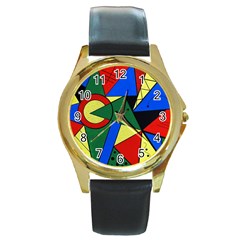 Modern Art Round Metal Watch (gold Rim) 