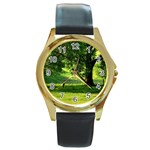 Trees Round Metal Watch (Gold Rim)  Front