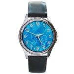 Blue Rose Round Metal Watch (Silver Rim) Front