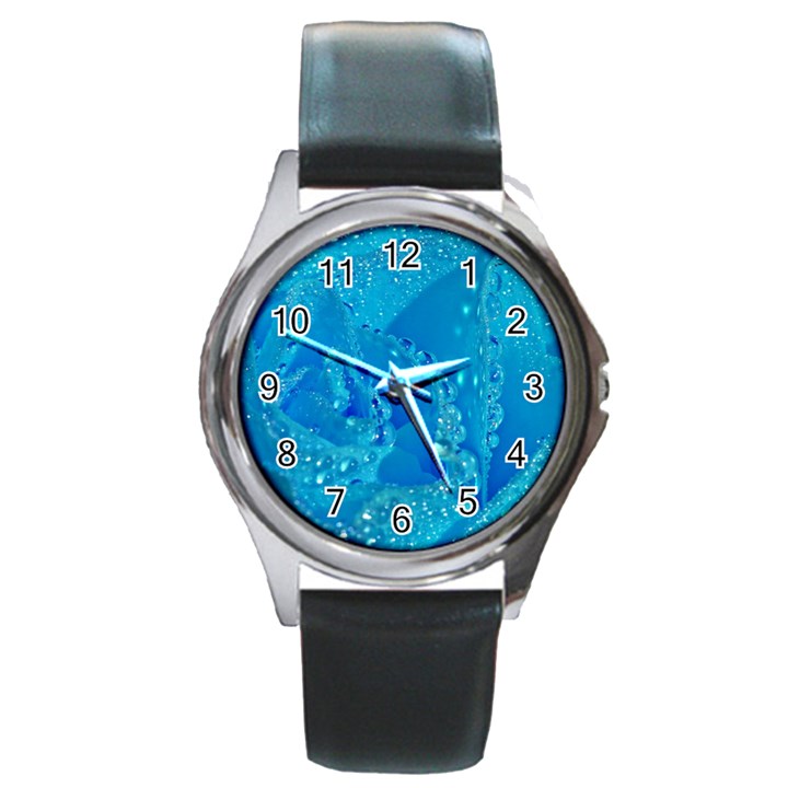 Blue Rose Round Metal Watch (Silver Rim)