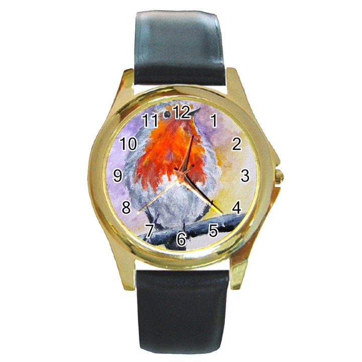 Robin Red Breast Round Metal Watch (Gold Rim) 