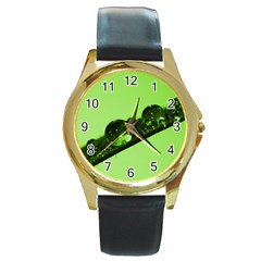 Green Drops Round Metal Watch (gold Rim)  by Siebenhuehner