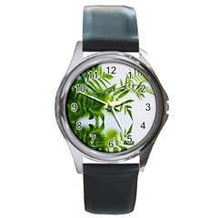 Leafs With Waterreflection Round Metal Watch (silver Rim) by Siebenhuehner