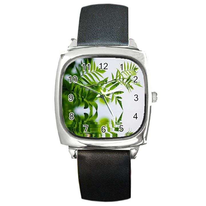 Leafs With Waterreflection Square Leather Watch