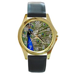 Peacock Round Metal Watch (gold Rim)  by Siebenhuehner