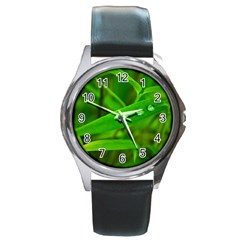 Bamboo Leaf With Drops Round Metal Watch (silver Rim) by Siebenhuehner